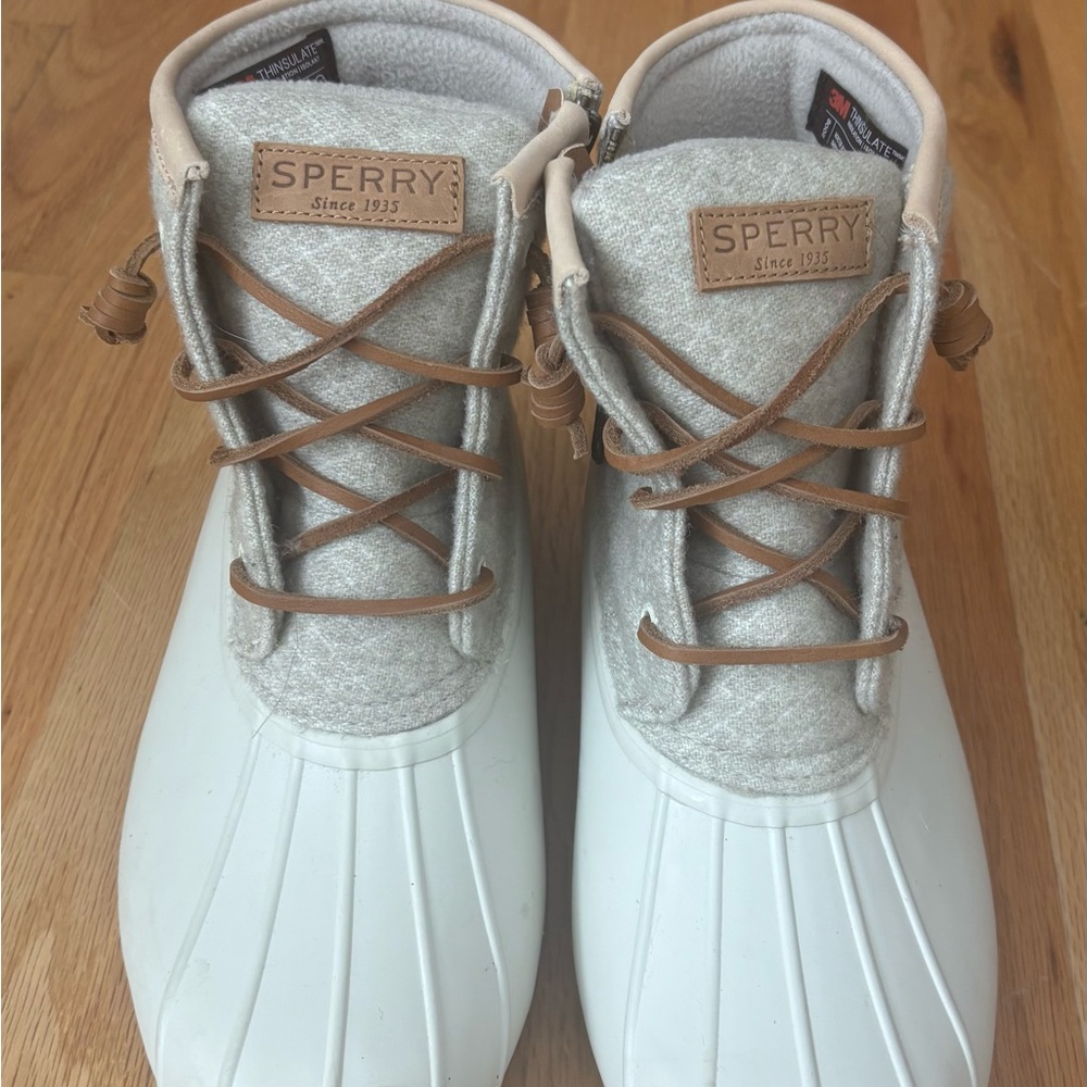 Sperry Tan and Gray Duck Boots